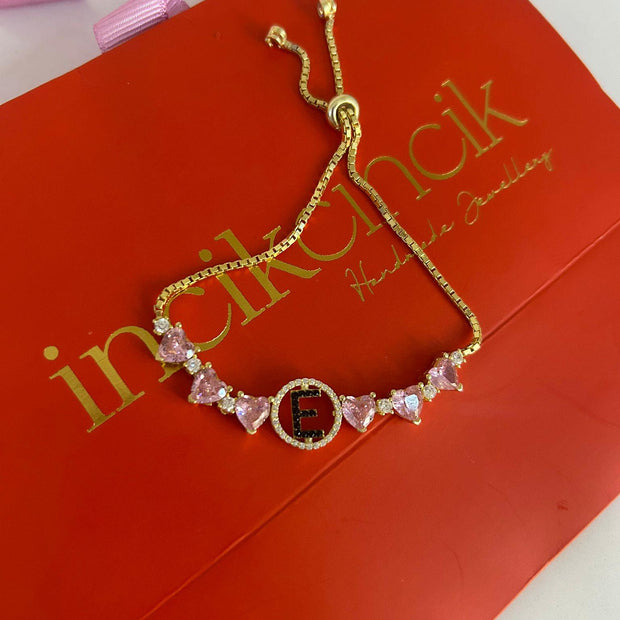 925 Ayar Gümüş Kişiye Özel Zirkon Taşlı Kalpli Harf Bileklik