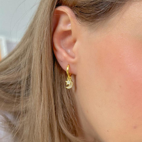 Ay ve Yıldız Figürlü Halka Küpe - Çift - 925 Ayar Gümüş