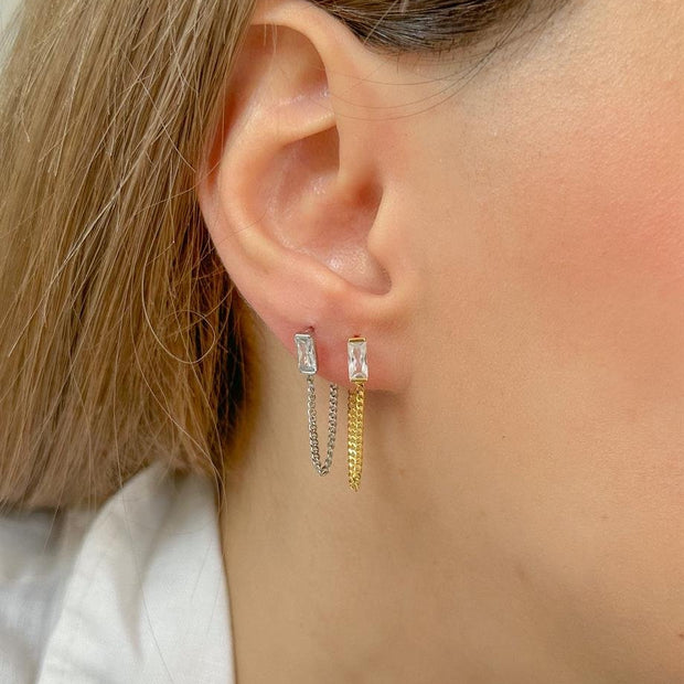 Baget Taşlı Zincir Küpe - Çift - 925 Ayar Gümüş