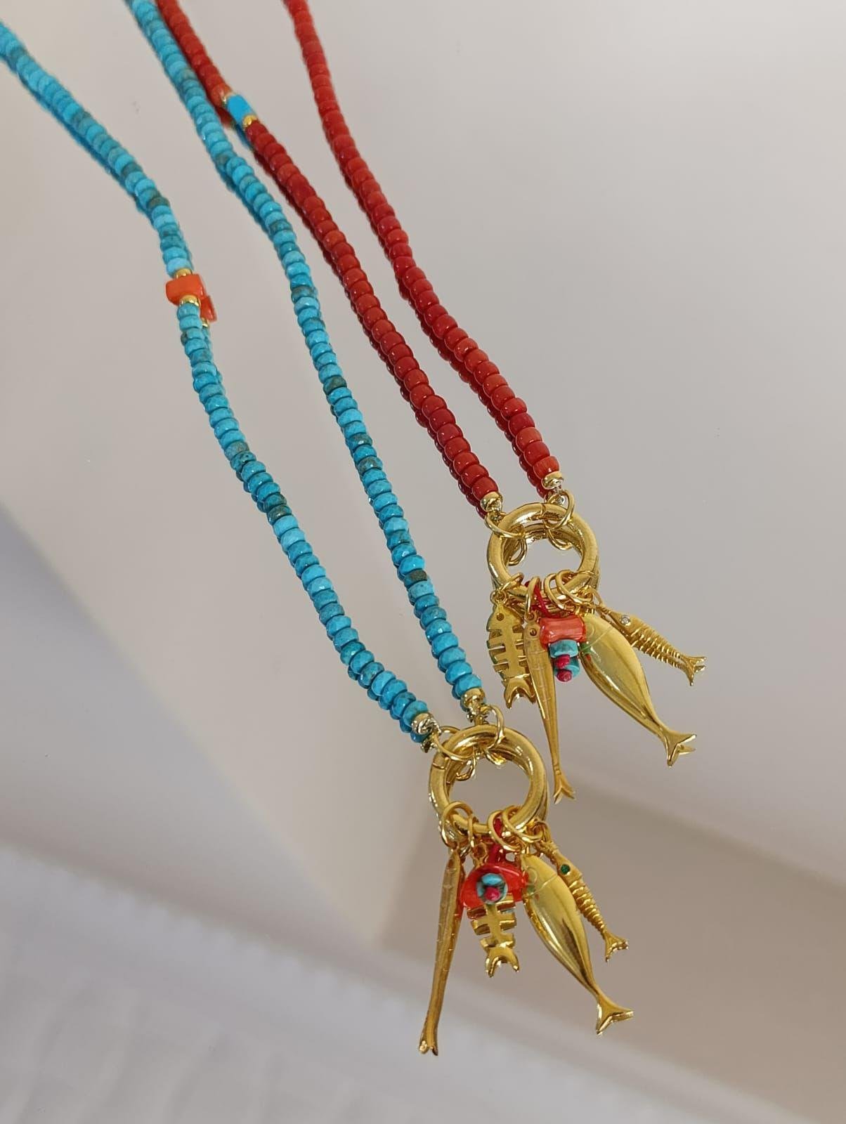 Doğal Taşlı Çoklu Balık Charm Kolye - 925 Ayar Gümüş