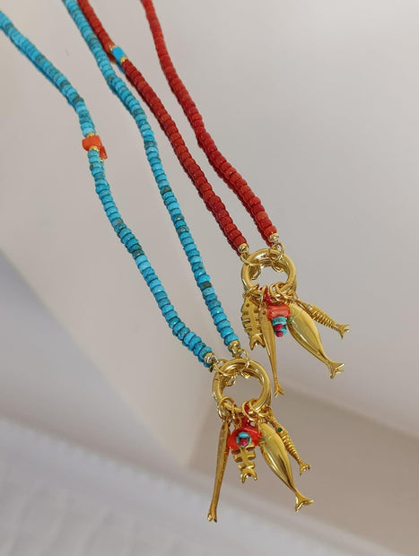 Doğal Taşlı Çoklu Balık Charm Kolye - 925 Ayar Gümüş