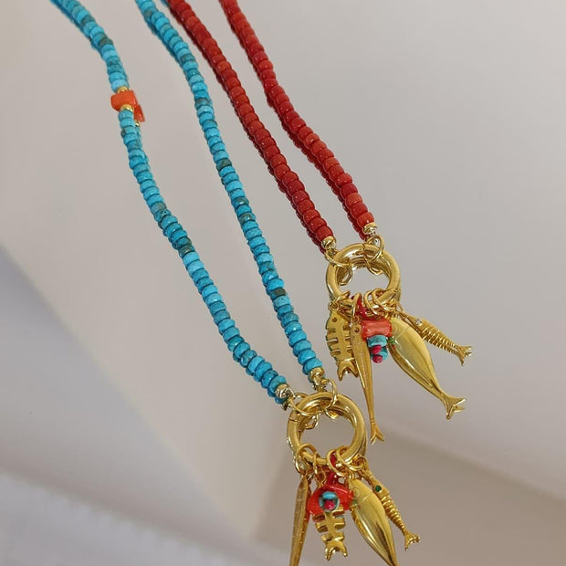 Doğal Taşlı Çoklu Balık Charm Kolye - 925 Ayar Gümüş