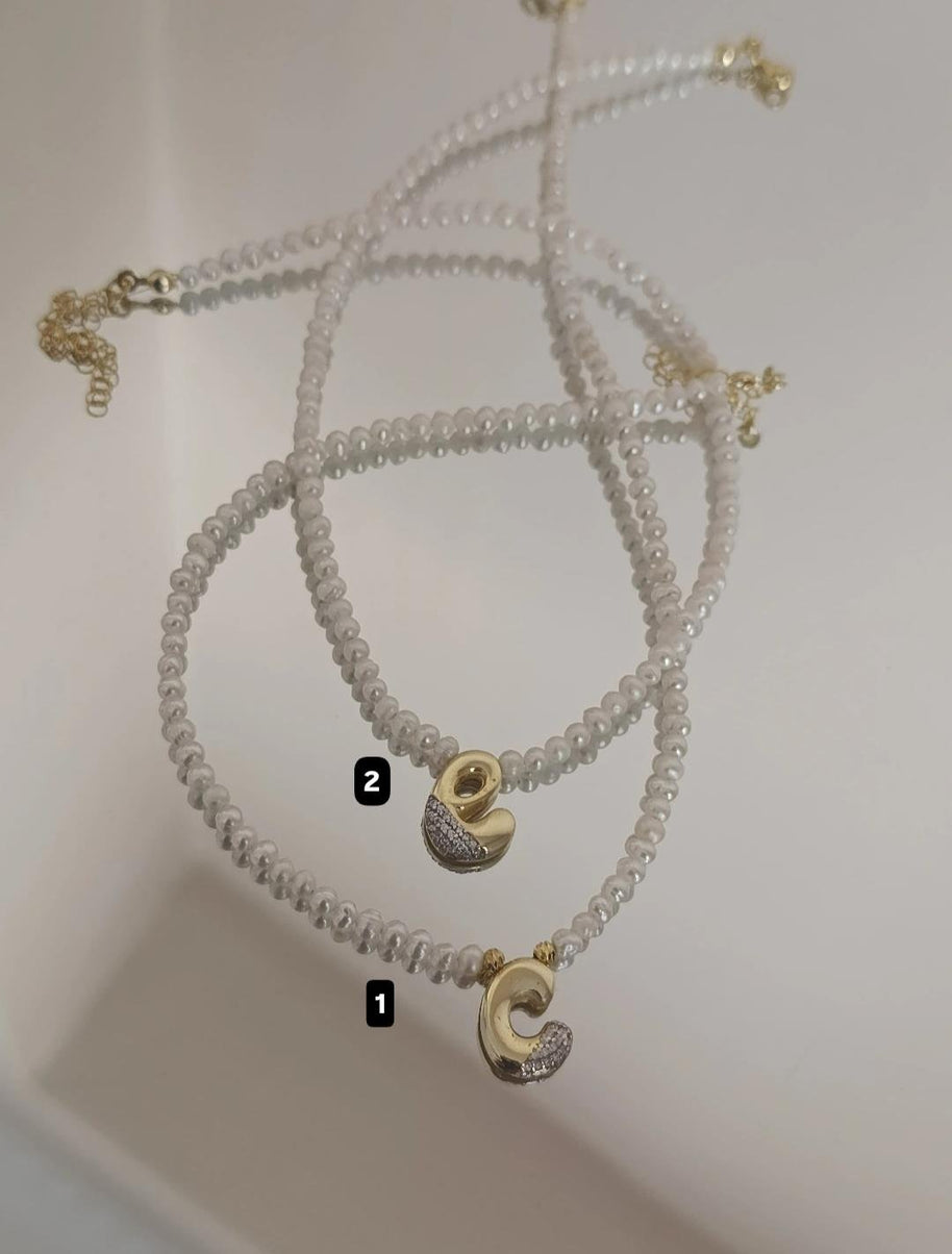 Gerçek İncili Mini Taşlı Harf Kolye - 925 Ayar Gümüş