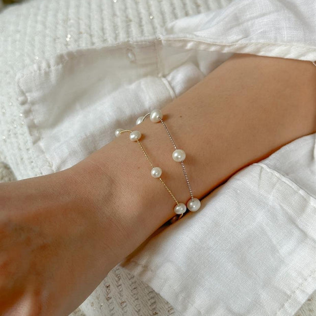 İncili Zincir Bileklik - TEK  - 925 Ayar Gümüş