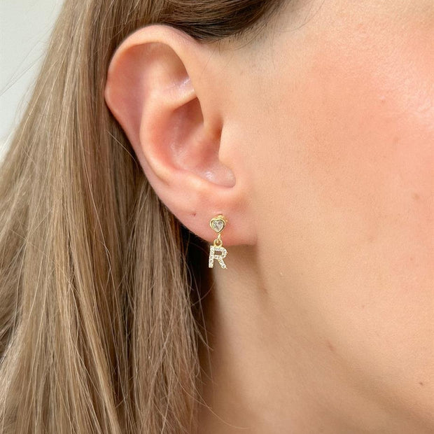 Kalp Taşlı Harf Küpe - Çift - 925 Ayar Gümüş