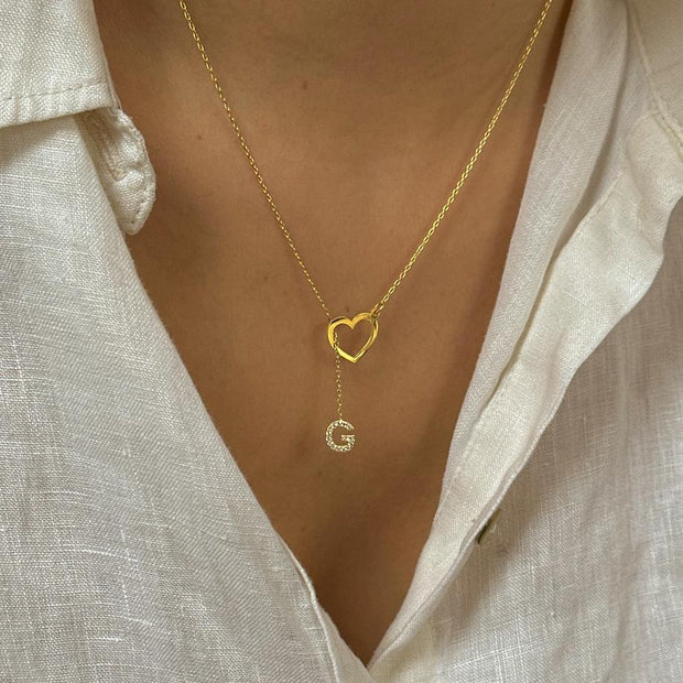 Taşlı Harfli Kalp Kolye - 925 Ayar Gümüş