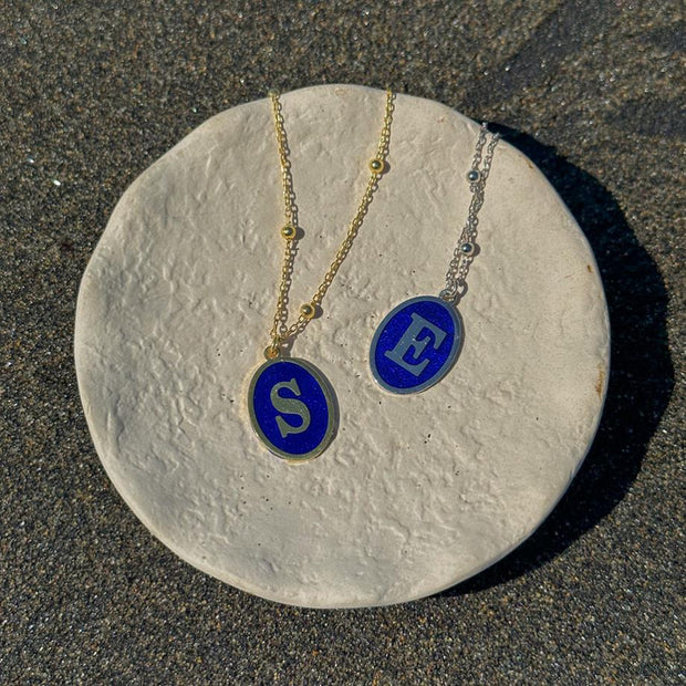 Kişiye Özel Lacivert Mineli Plaka Harf Kolye - 925 Ayar Gümüş