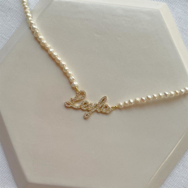 Kişiye Özel Zircon Taşlı İnci İsim Kolye - 925 Ayar Gümüş