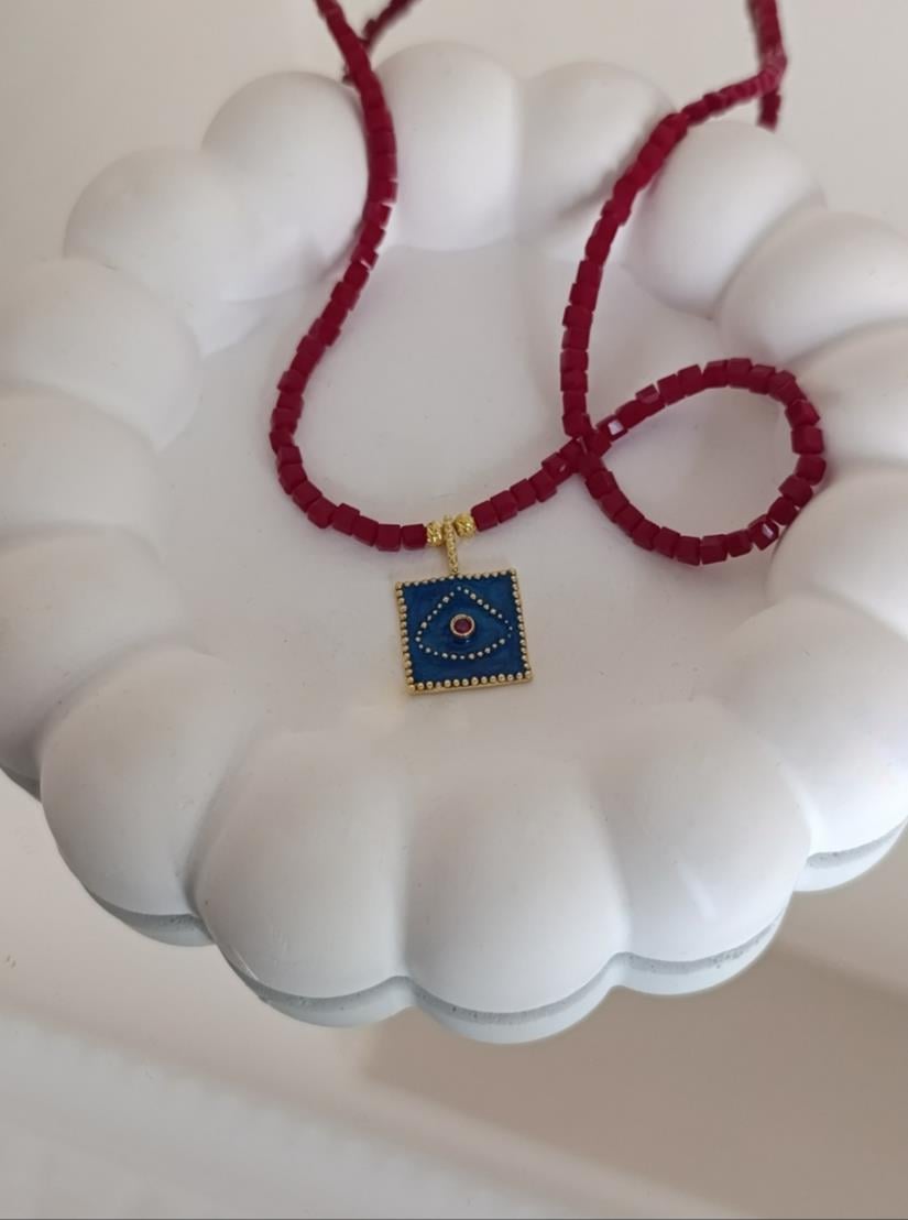 Kristal Boncuklu Lacivert Mineli Plaka Göz Kolye - 925 Ayar Gümüş