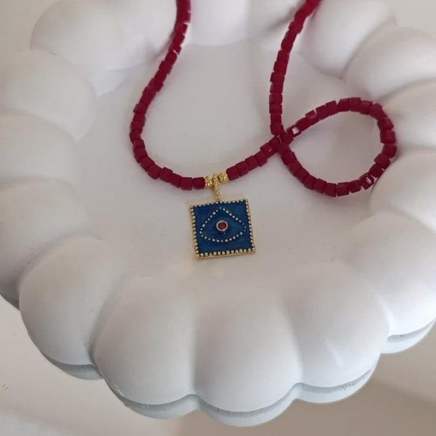 Kristal Boncuklu Lacivert Mineli Plaka Göz Kolye - 925 Ayar Gümüş