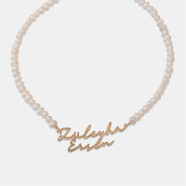 Gerçek İnci İkili İsim Kolye - 925 Ayar Gümüş