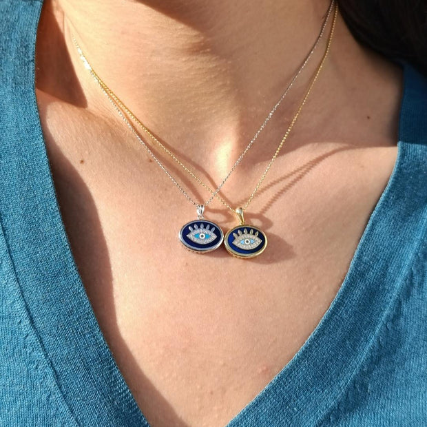 Lacivert Mineli Taşlı Oval Göz Kolye-925 Ayar Gümüş