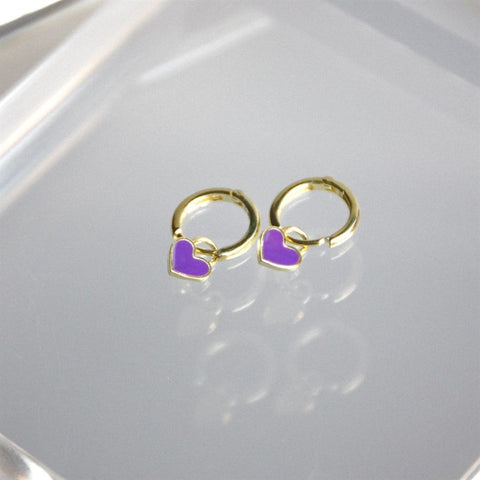 Minik Kalp Küpe - Mor - 925 Ayar Gümüş