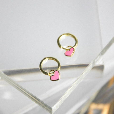 Minik Kalp Küpe - Pembe - 925 Ayar Gümüş