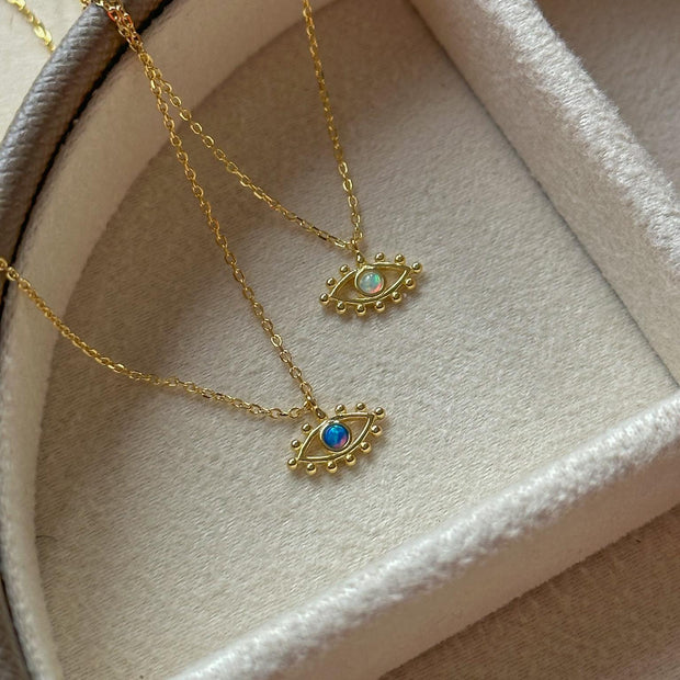 Minik Opal Taşlı Göz Kolye  - 925 Ayar Gümüş