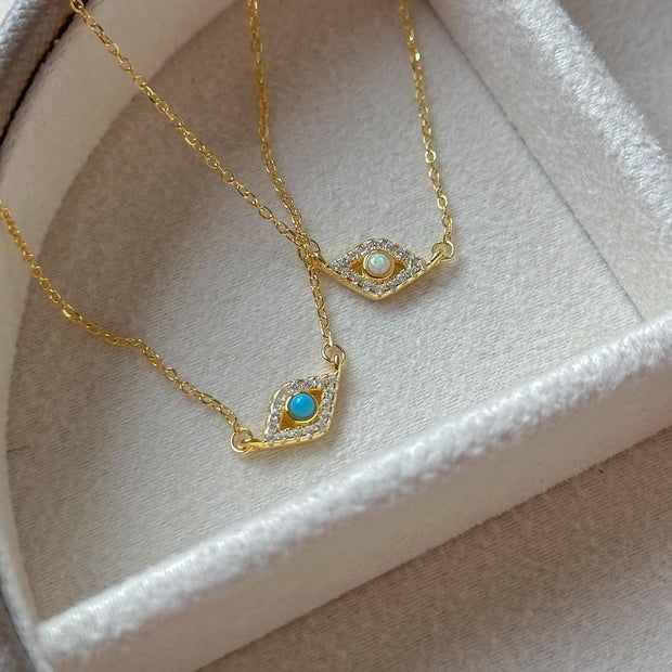 Minik Opal Taşlı Göz Kolye  - 925 Ayar Gümüş