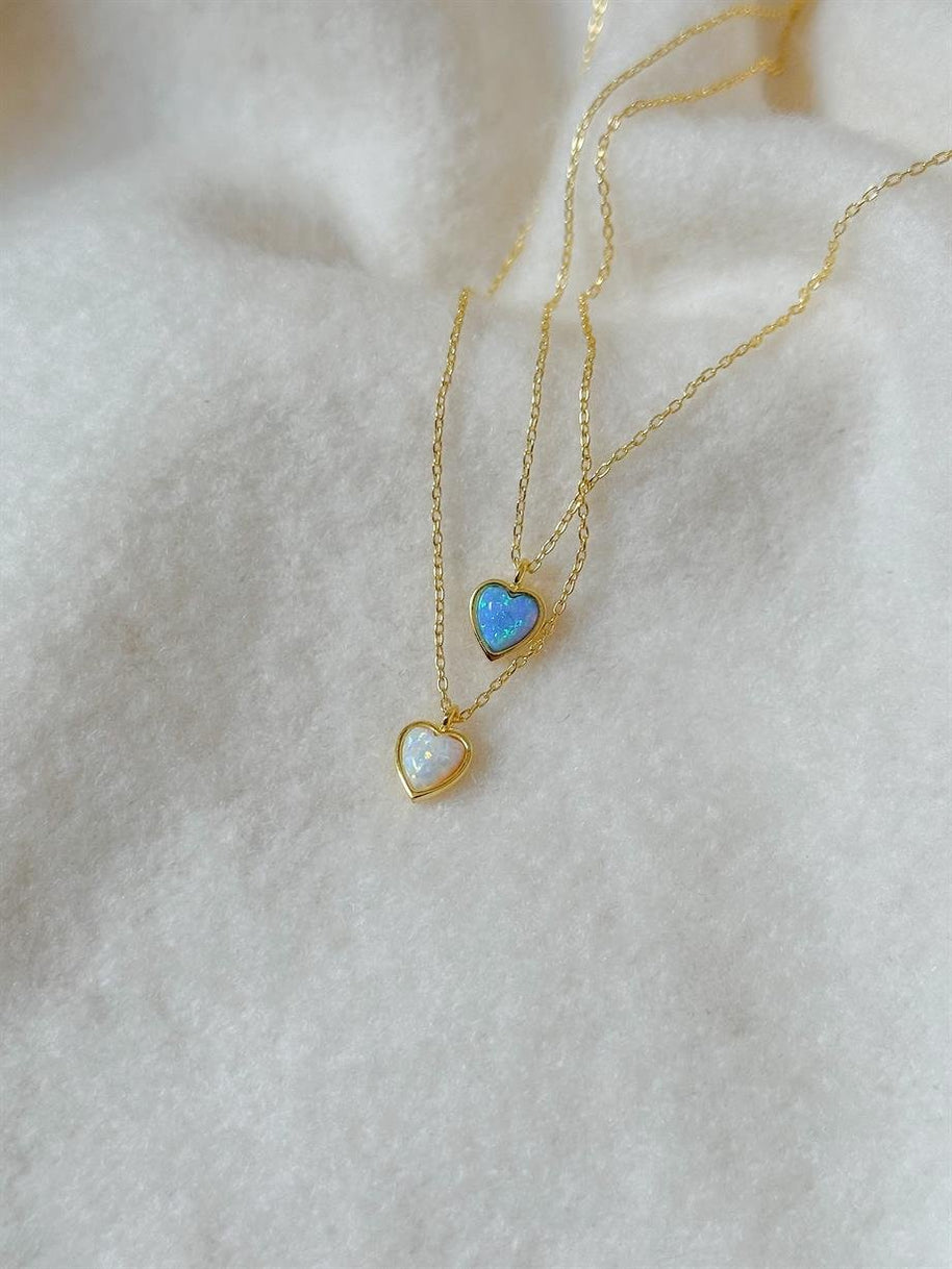 Opal Taşlı Minimal Kalp Kolye - 925 Ayar Gümüş