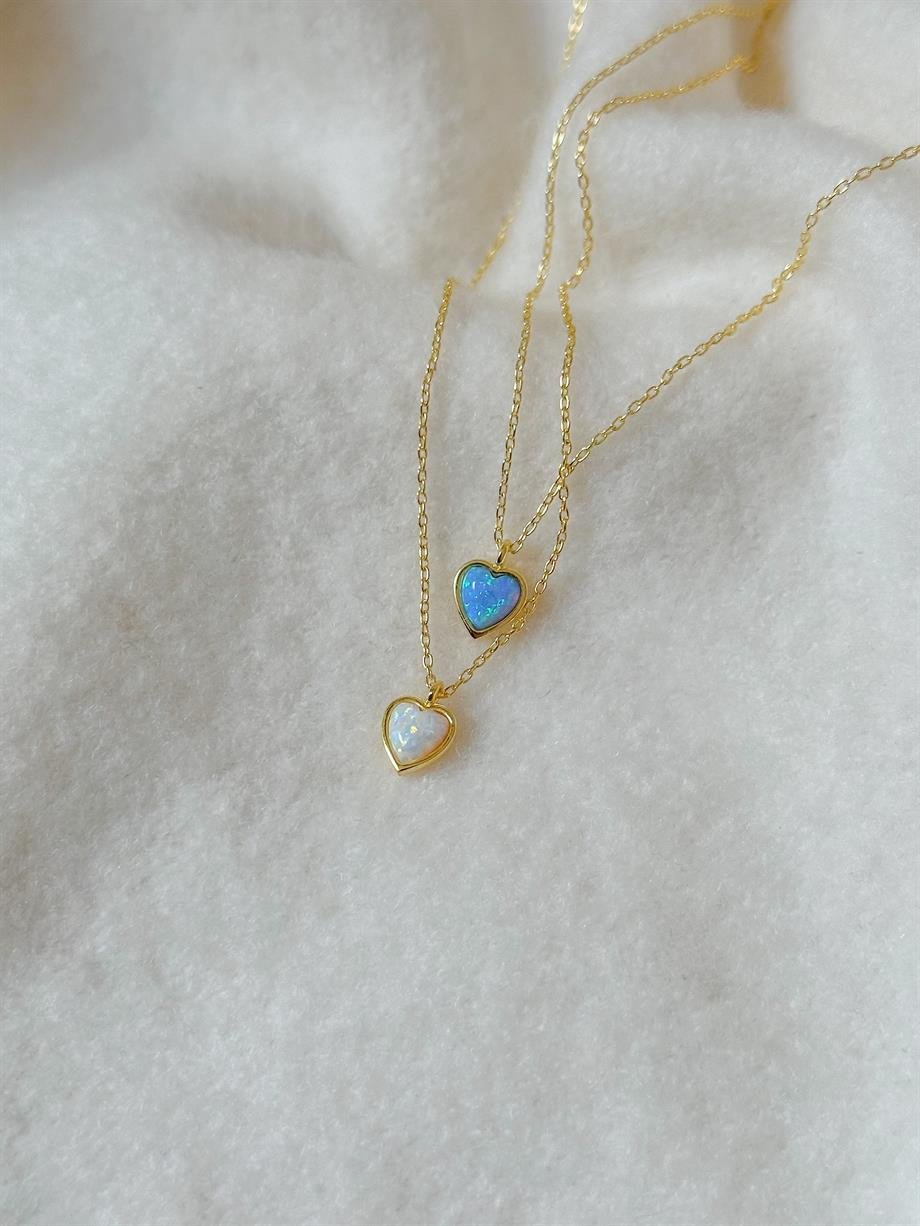 Opal Taşlı Minimal Kalp Kolye - 925 Ayar Gümüş