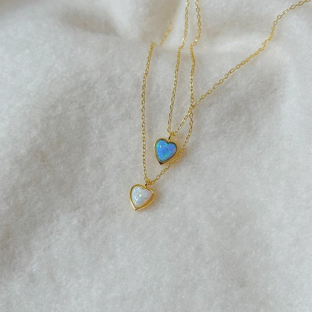 Opal Taşlı Minimal Kalp Kolye - 925 Ayar Gümüş