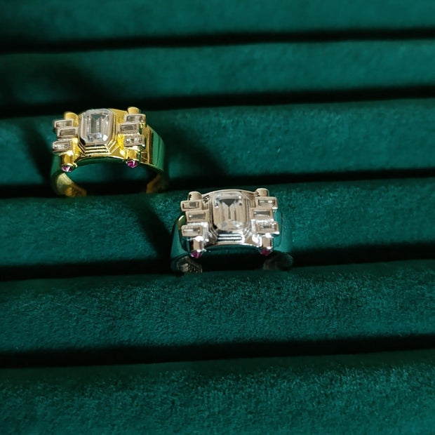 Pembe Taş Detaylı Baget Yüzük - 925 Ayar Gümüş