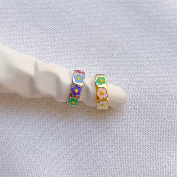 Renkli Mineli Çiçek Yüzük - 925 Ayar Gümüş