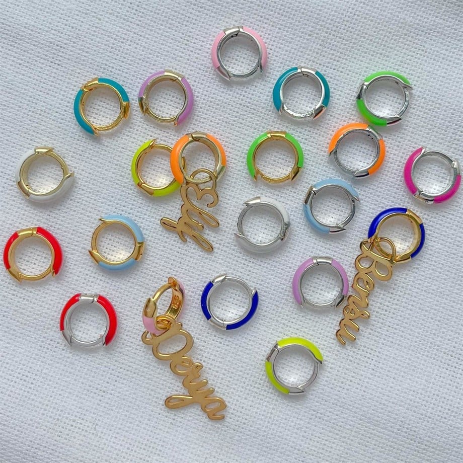 Renkli Mineli Harf İsim Küpe  - Çift - 925 Ayar Gümüş
