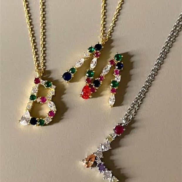 Renkli Asimetrik Taşlı Harf Kolye - 925 Ayar Gümüş