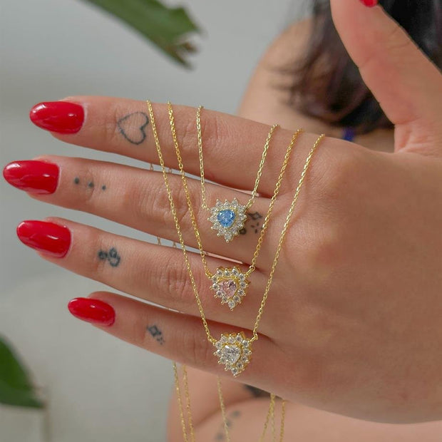 Renkli Taşlı Kalp Figürlü Kolye - 925 Ayar Gümüş