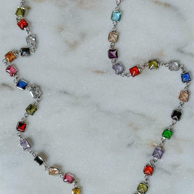 Renkli Kare Taşlı Zincir Kolye - 925 Ayar Gümüş