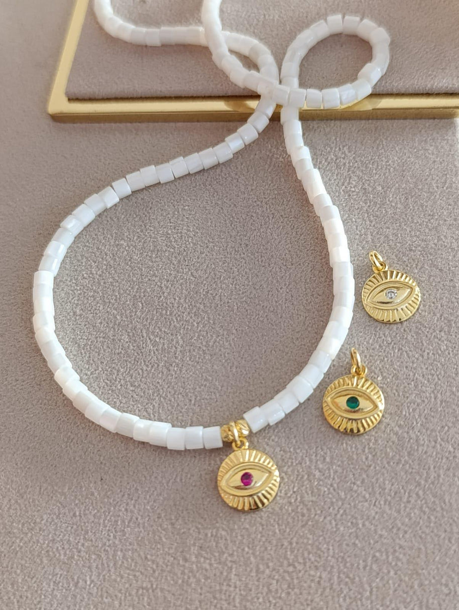 Sedef Taşlı Daire Göz Kolye - 925 Ayar Gümüş