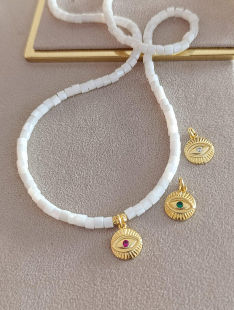 Sedef Taşlı Daire Göz Kolye - 925 Ayar Gümüş
