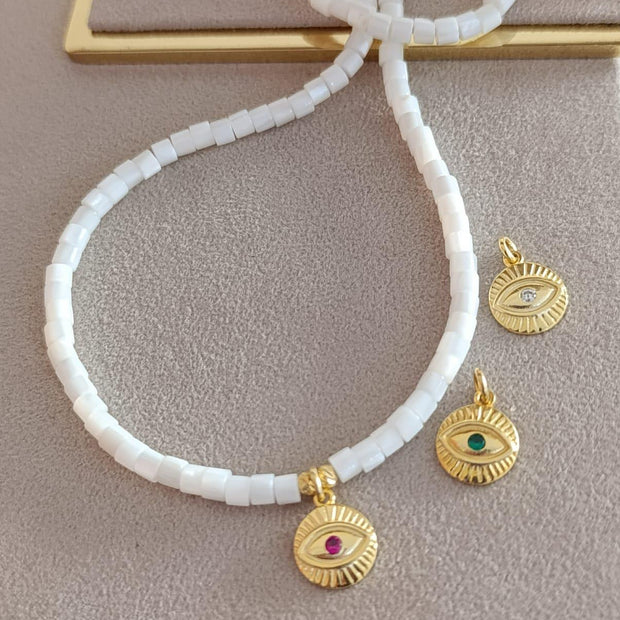 Sedef Taşlı Daire Göz Kolye - 925 Ayar Gümüş