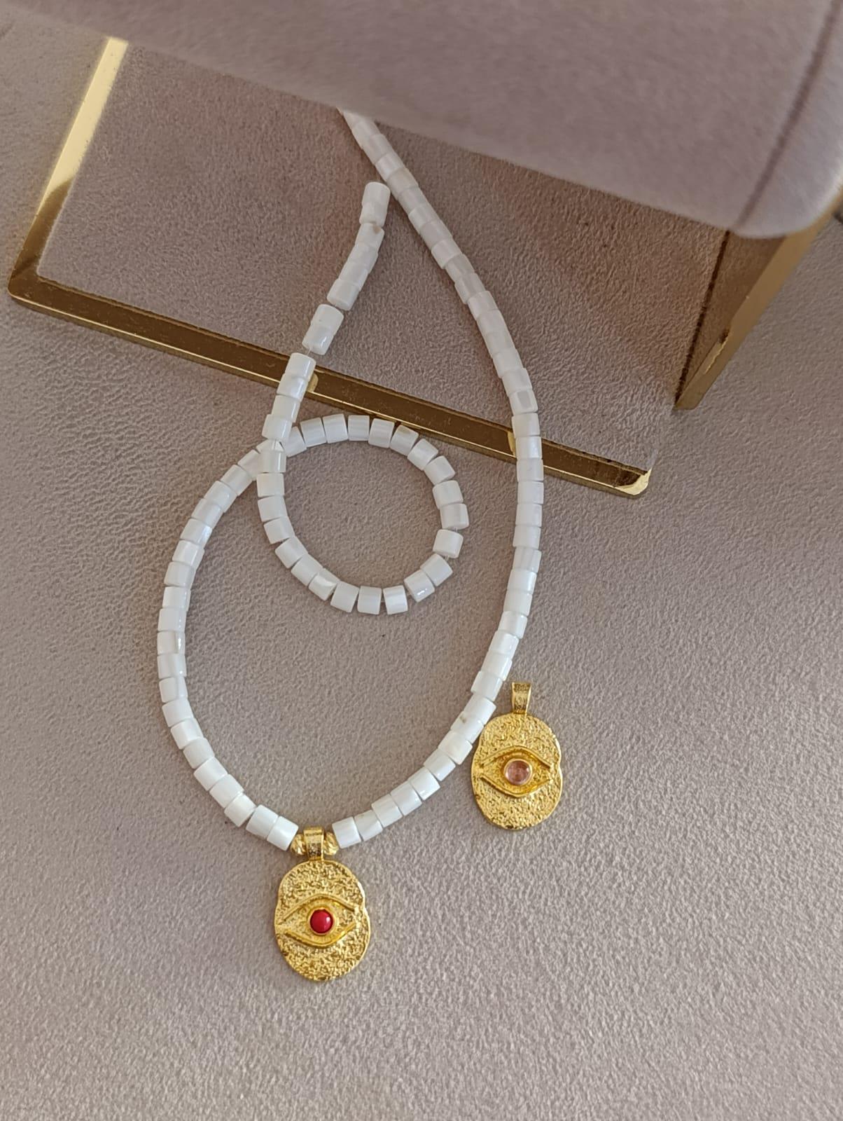 Sedef Taşlı Göz Plaka Kolye - 925 Ayar Gümüş