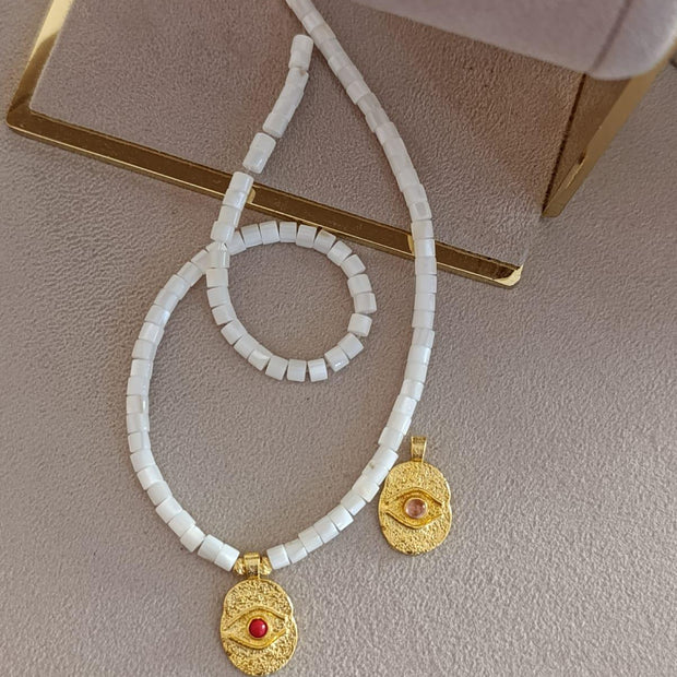 Sedef Taşlı Göz Plaka Kolye - 925 Ayar Gümüş