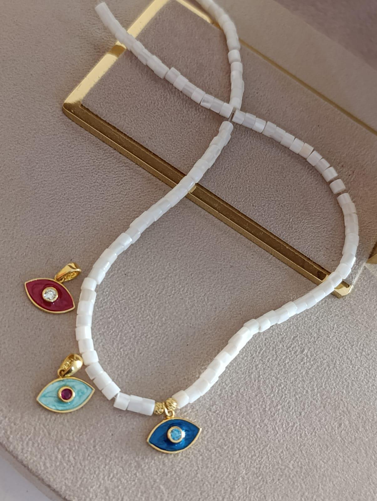 Sedef Taşlı Mineli Göz Kolye - 925 Ayar Gümüş