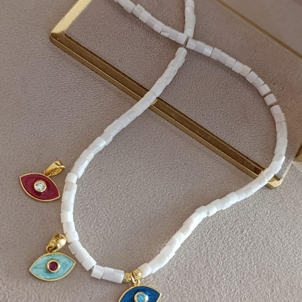 Sedef Taşlı Mineli Göz Kolye - 925 Ayar Gümüş