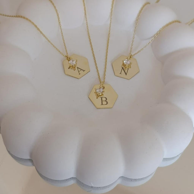 Taş Detaylı Altıgen Plaka Kolye - 925 Ayar Gümüş