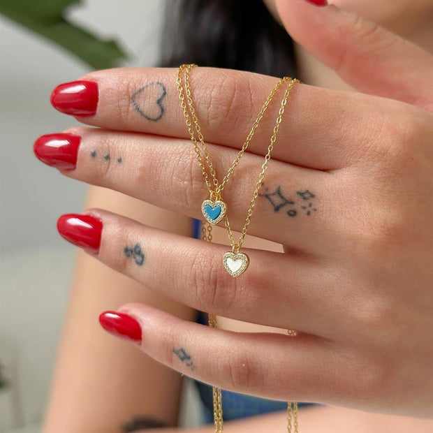 Renkli Taşlı Minik Kalp Kolye - 925 Ayar Gümüş