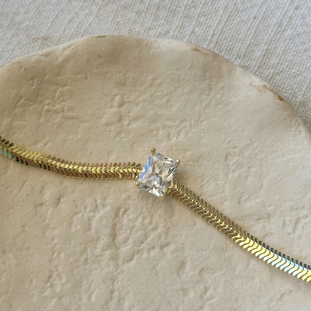 Taşlı Yassı Bileklik - TEK  - 925 Ayar Gümüş