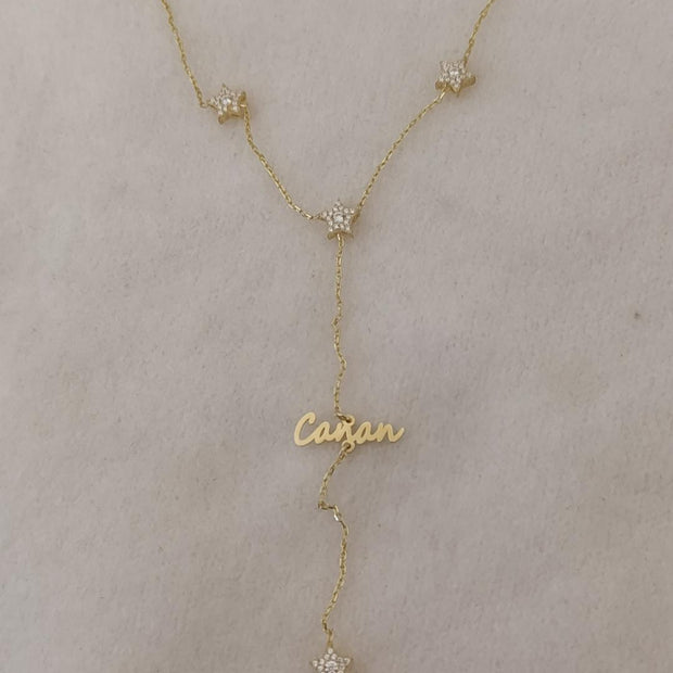 Taşlı Yıldız Figürlü Yatay İsim Y Kolye - 925 Ayar Gümüş