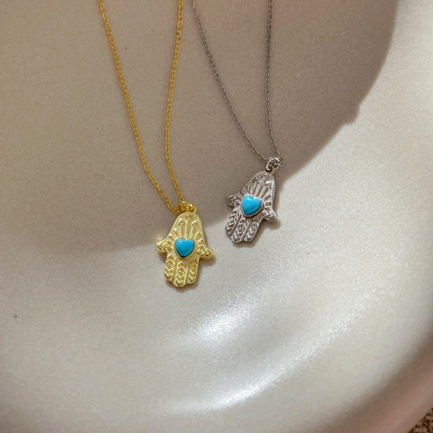 Turkuaz Taşlı Fatma Ana Eli Kolye - 925 Ayar Gümüş