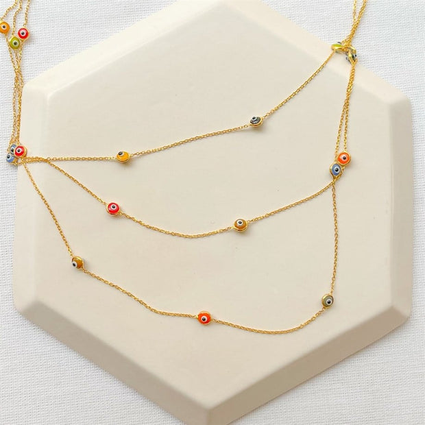 Üç Sıra Renkli MineliGöz Figürlü Kolye - 925 Ayar Gümüş