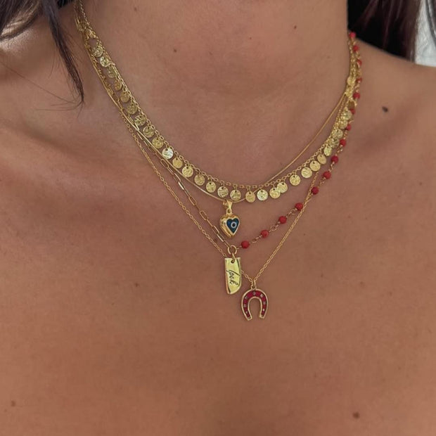 Yarısı Kırmızı Doğal Taşlı Plaka Kolye - 925 Ayar Kolye