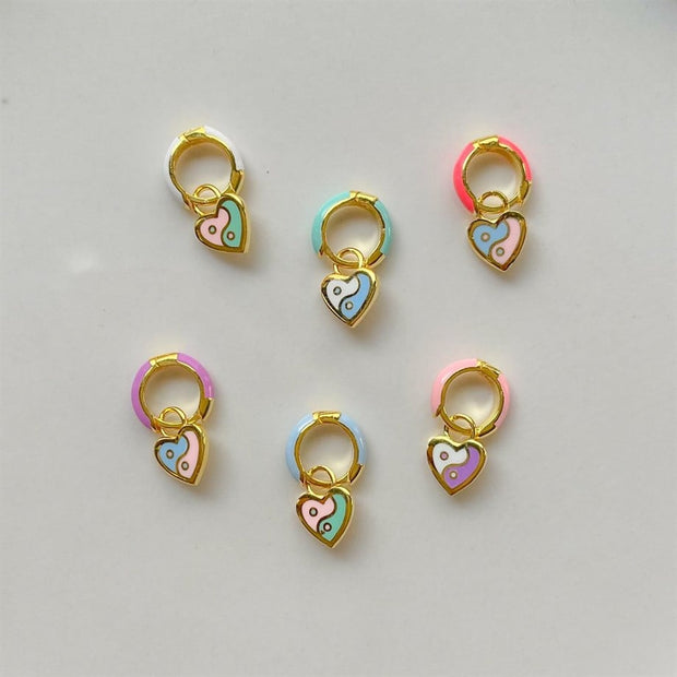 Yin Yang Kalp Figürlü Halka Küpe  - Çift - 925 Ayar Gümüş