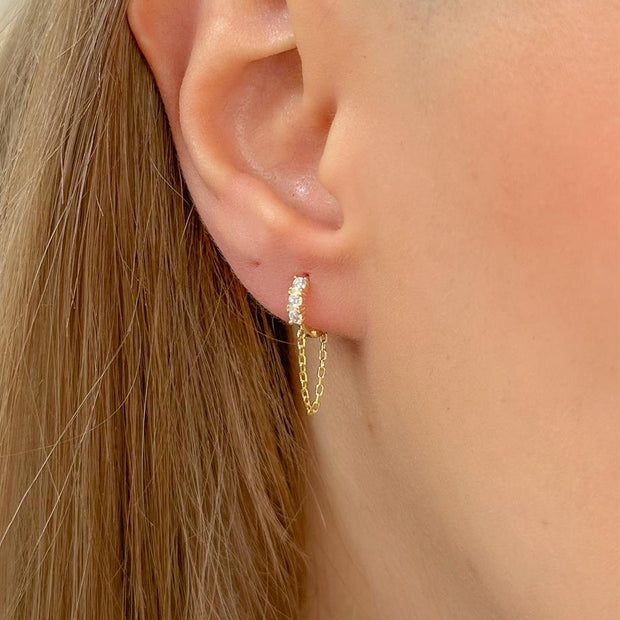 Zincirli Taşlı Mini Halka Küpe - Çift - 925 Ayar Gümüş