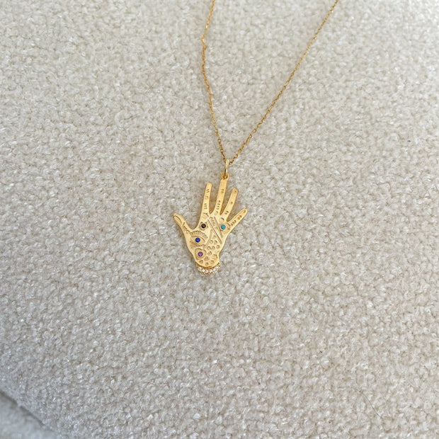 Renkli Taşlı El Figürlü Kolye - 925 Ayar Gümüş