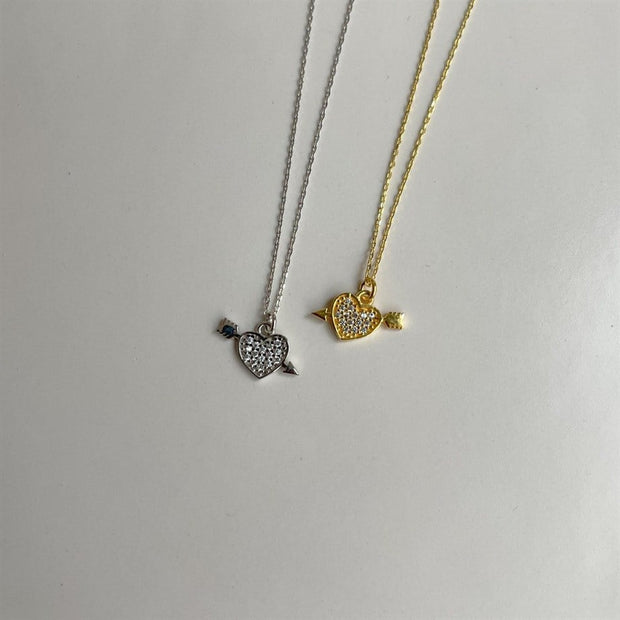 Taşlı Kalpli Ok  Kolye  - 925 Ayar Gümüş