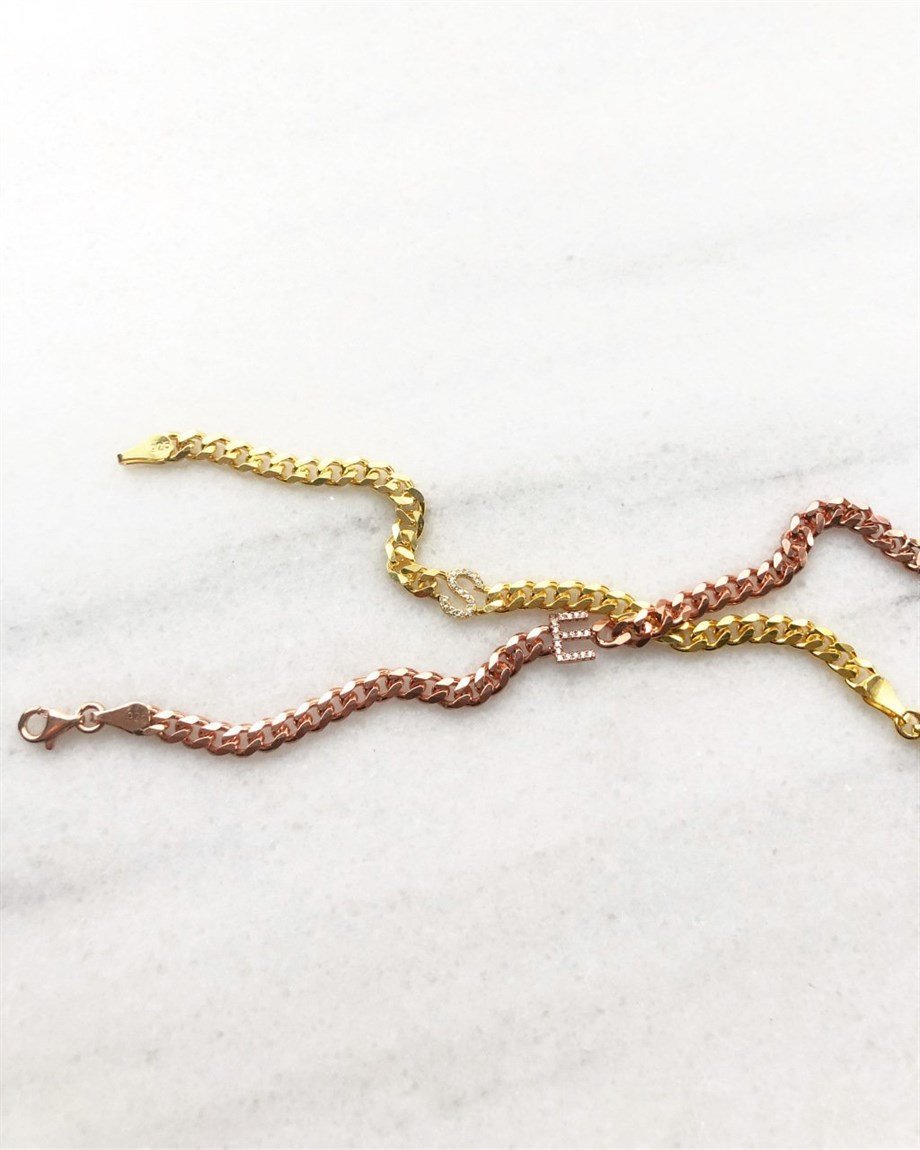 Zirkon Taşlı Harf Bileklik - Gold - 925 Ayar Gümüş
