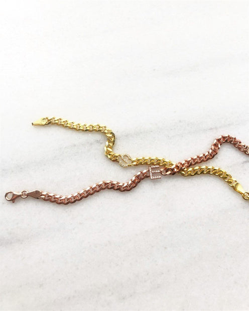 Zirkon Taşlı Harf Bileklik - Gold - 925 Ayar Gümüş